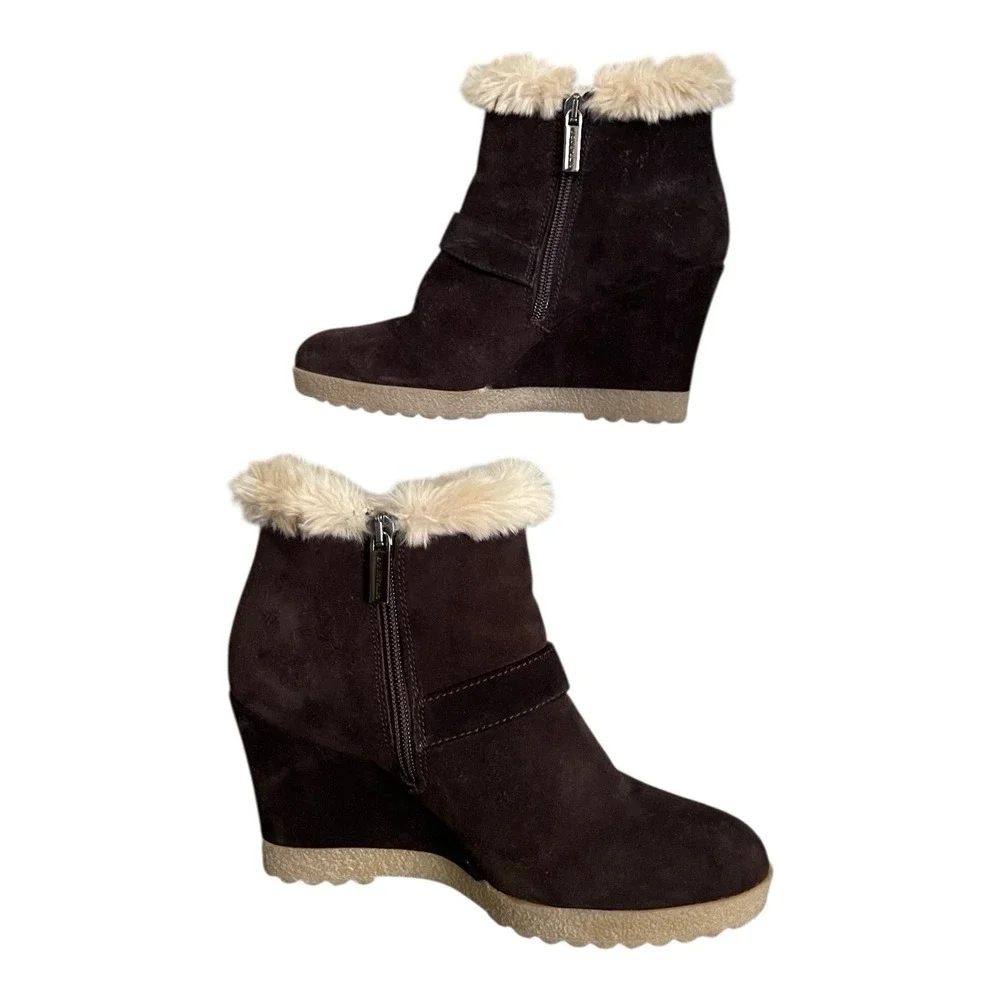 Aquatalia Carlotta Shearling‎ Trim Brown Suede Ankle Boots Retail $398